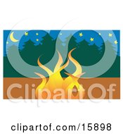 Flaming Campfire Near A Thick Forest Of Evergreen Trees Under A Starry Night Sky Clipart Illustration by Andy Nortnik