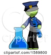 Green Police Man Holding Test Tube Beside Beaker Or Flask