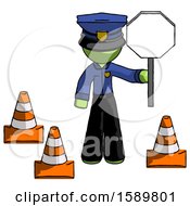 Poster, Art Print Of Green Police Man Holding Stop Sign By Traffic Cones Under Construction Concept