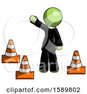 Poster, Art Print Of Green Clergy Man Standing By Traffic Cones Waving