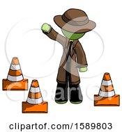 Poster, Art Print Of Green Detective Man Standing By Traffic Cones Waving