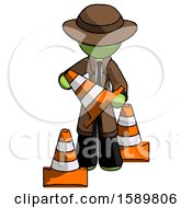 Poster, Art Print Of Green Detective Man Holding A Traffic Cone