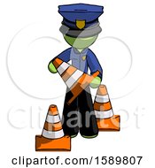 Poster, Art Print Of Green Police Man Holding A Traffic Cone