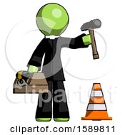 Poster, Art Print Of Green Clergy Man Under Construction Concept Traffic Cone And Tools
