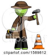 Poster, Art Print Of Green Detective Man Under Construction Concept Traffic Cone And Tools