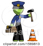 Poster, Art Print Of Green Police Man Under Construction Concept Traffic Cone And Tools