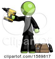 Poster, Art Print Of Green Clergy Man Holding Drill Ready To Work Toolchest And Tools To Right