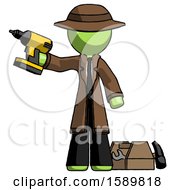 Poster, Art Print Of Green Detective Man Holding Drill Ready To Work Toolchest And Tools To Right