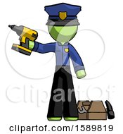 Poster, Art Print Of Green Police Man Holding Drill Ready To Work Toolchest And Tools To Right