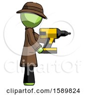 Poster, Art Print Of Green Detective Man Using Drill Drilling Something On Right Side