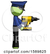 Poster, Art Print Of Green Police Man Using Drill Drilling Something On Right Side