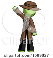 Green Detective Man Waving Emphatically With Right Arm