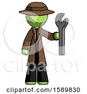 Green Detective Man Holding Wrench Ready To Repair Or Work