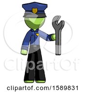 Green Police Man Holding Wrench Ready To Repair Or Work