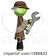 Poster, Art Print Of Green Detective Man Using Wrench Adjusting Something To Right