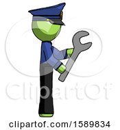 Green Police Man Using Wrench Adjusting Something To Right