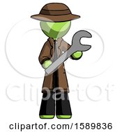 Green Detective Man Holding Large Wrench With Both Hands