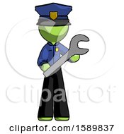 Green Police Man Holding Large Wrench With Both Hands