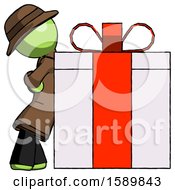 Poster, Art Print Of Green Detective Man Gift Concept - Leaning Against Large Present