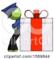 Poster, Art Print Of Green Police Man Gift Concept - Leaning Against Large Present
