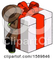 Poster, Art Print Of Green Detective Man Leaning On Gift With Red Bow Angle View