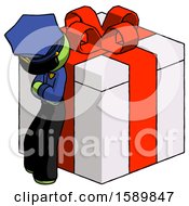 Poster, Art Print Of Green Police Man Leaning On Gift With Red Bow Angle View