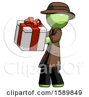 Poster, Art Print Of Green Detective Man Presenting A Present With Large Red Bow On It