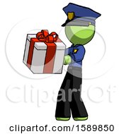 Poster, Art Print Of Green Police Man Presenting A Present With Large Red Bow On It