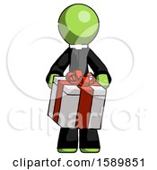 Poster, Art Print Of Green Clergy Man Gifting Present With Large Bow Front View