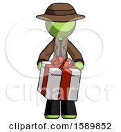 Poster, Art Print Of Green Detective Man Gifting Present With Large Bow Front View