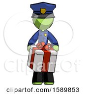 Poster, Art Print Of Green Police Man Gifting Present With Large Bow Front View