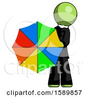 Green Clergy Man Holding Rainbow Umbrella Out To Viewer