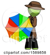 Green Detective Man Holding Rainbow Umbrella Out To Viewer