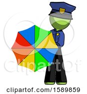 Green Police Man Holding Rainbow Umbrella Out To Viewer