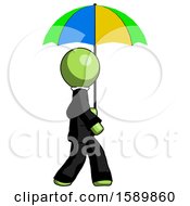 Poster, Art Print Of Green Clergy Man Walking With Colored Umbrella