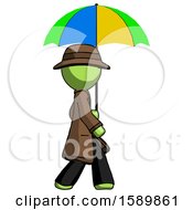 Poster, Art Print Of Green Detective Man Walking With Colored Umbrella