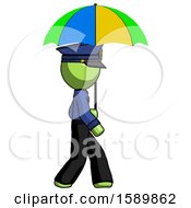 Green Police Man Walking With Colored Umbrella