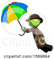 Green Detective Man Flying With Rainbow Colored Umbrella