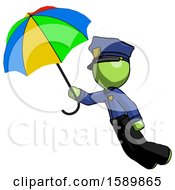 Poster, Art Print Of Green Police Man Flying With Rainbow Colored Umbrella