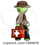 Green Detective Man Walking With Medical Aid Briefcase To Right