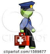Green Police Man Walking With Medical Aid Briefcase To Right
