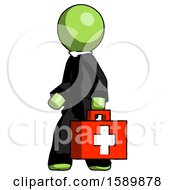 Green Clergy Man Walking With Medical Aid Briefcase To Left