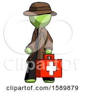 Poster, Art Print Of Green Detective Man Walking With Medical Aid Briefcase To Left
