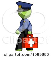 Green Police Man Walking With Medical Aid Briefcase To Left