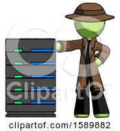 Poster, Art Print Of Green Detective Man With Server Rack Leaning Confidently Against It