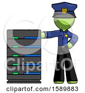 Poster, Art Print Of Green Police Man With Server Rack Leaning Confidently Against It