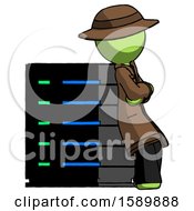 Poster, Art Print Of Green Detective Man Resting Against Server Rack Viewed At Angle