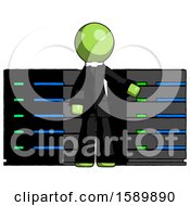 Poster, Art Print Of Green Clergy Man With Server Racks In Front Of Two Networked Systems