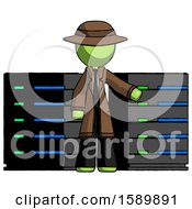 Poster, Art Print Of Green Detective Man With Server Racks In Front Of Two Networked Systems