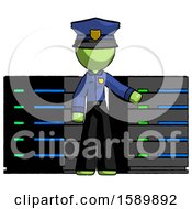 Poster, Art Print Of Green Police Man With Server Racks In Front Of Two Networked Systems